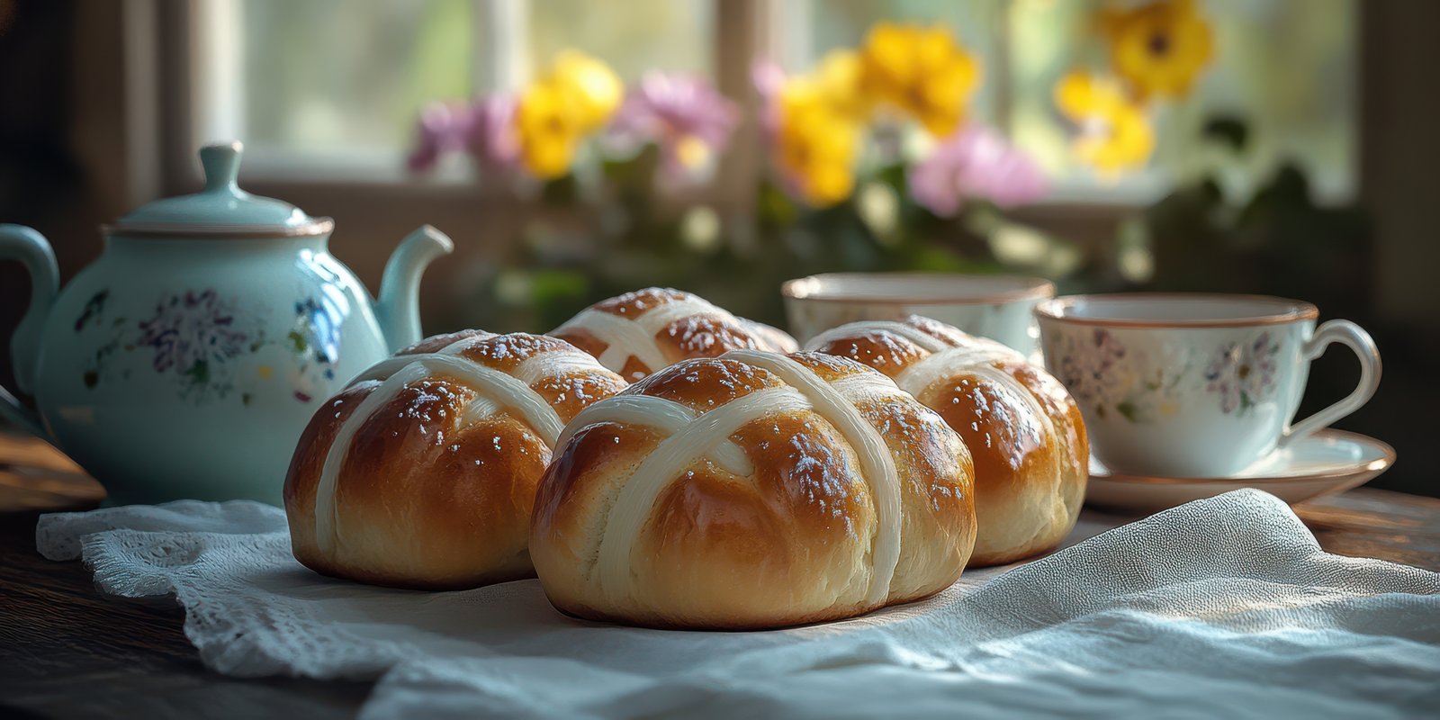 Warm bread rolls and tea set arranged on a rustic table by the window with flowers in the background during afternoon light